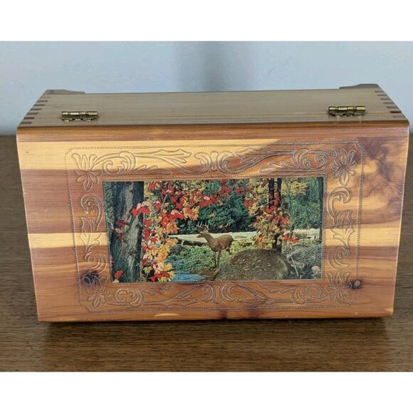 Vintage Litho Woodland Print Cedar Wood Jewelry Trinket Stash Box Mirrored - Picture 4 of 14